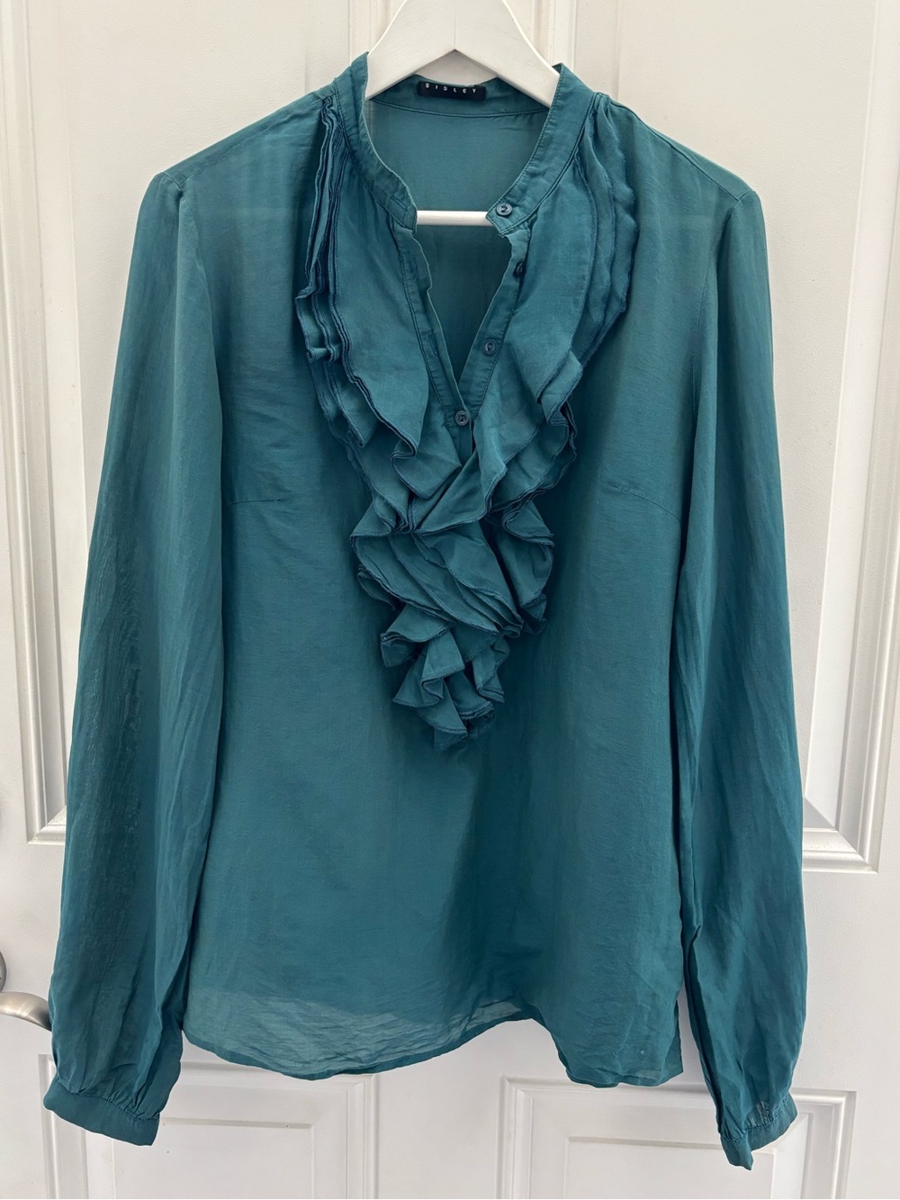 Sisley Teal Ruffle Silk Cotton Blend Blouse M